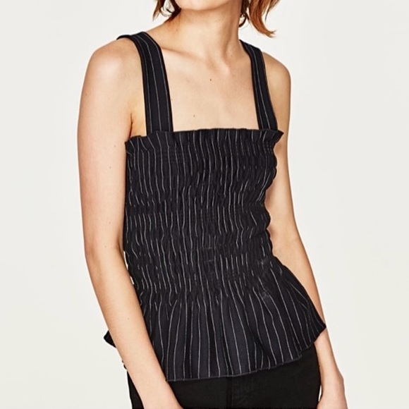 Alpha & Omega Tops - Alpha & Omega Smocked Peplum Square Neck Tank Top Blouse Black & White Stripes